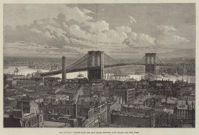 Brooklyn Bridge over East River, mellom Long Island og New York (gravering) av English School