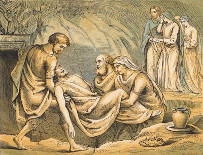 Jesu begravelse (farget gravering) av English School