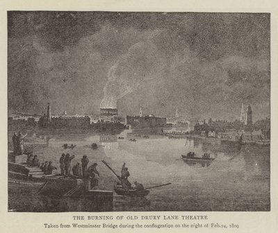 The Burning of Old Drury Lane Theatre (gravering) av English School