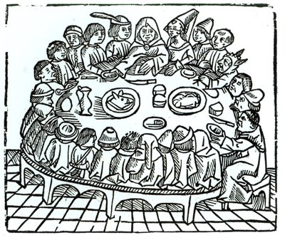 Canterbury-pilegrimene setter seg ned for et felles måltid, illustrasjon fra Geoffrey Chaucers (ca. 1345-1400) 