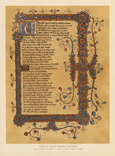 Canterbury-fortellingene av Geoffrey Chaucer (fargelitografi) av English School