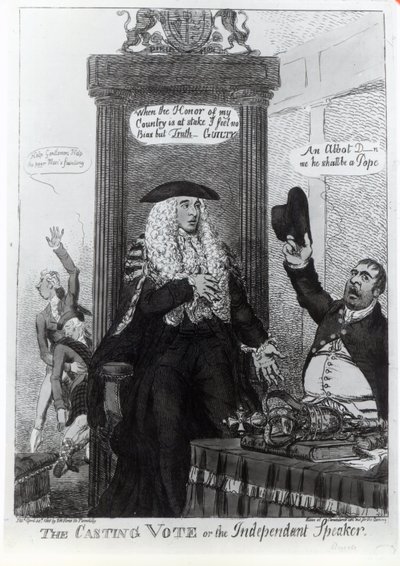 The Casting Vote, eller den uavhengige høyttaleren, satirisk tegneserie som viser statsministeren, Henry Addington, 1805 (trykk) av English School
