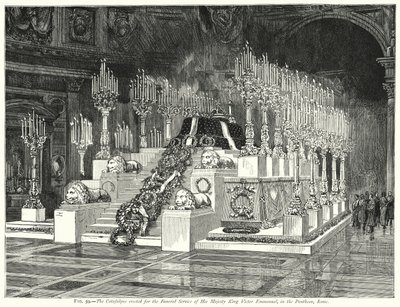 Katafalken reist for begravelsestjenesten til Hans Majestet Kong Victor Emmanuel, i Pantheon, Roma (gravering) av English School