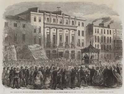 Ledelsen av Sir John Arnott i Cork etter fullføringen av hans tre års borgermesterskap, prosesjonen som passerte kommersielle bygninger (gravering) av English School