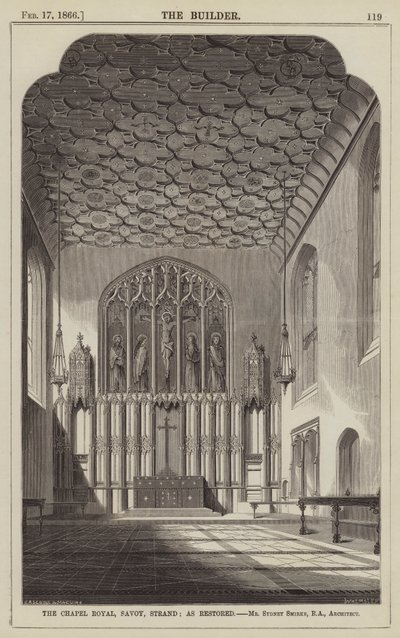 The Chapel Royal, Savoy, Strand, som restaurert, Mr Sydney Smirke, RA, arkitekt (gravering) av English School