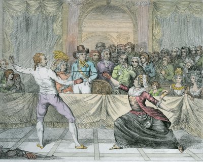 Chevalier dEon, kledd som en kvinne, i en fektekamp (senere farge) av English School