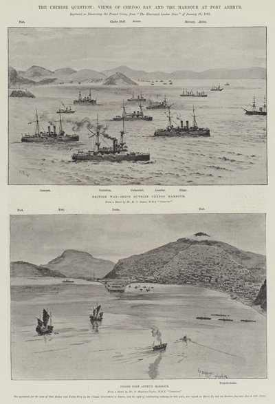 Det kinesiske spørsmålet, utsikt over Chefoo Bay og havnen i Port Arthur (litho) av English School