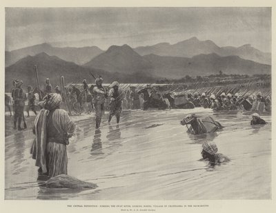 Chitral-ekspedisjonen, som forser Swat-elven, ser nordover; Landsbyen Chatedarra i bakgrunnen (litho) av English School