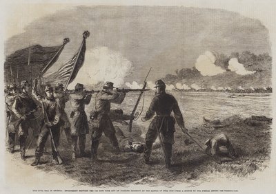 Borgerkrigen i Amerika, forlovelse mellom det 71. New York og et Alabama-regiment i slaget ved Bull Run (gravering) av English School