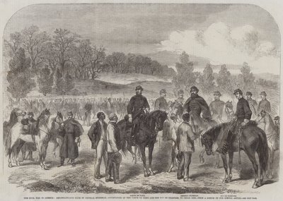 Borgerkrigen i Amerika, rekognosering laget av general Stoneman, akkompagnert av Comte de Paris og Duc de Chartres, til Cedar Run (gravering) av English School