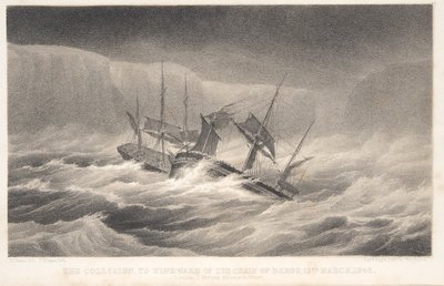 Kollisjonen, fra Oppdagelses- og forskningsreisen i de sørlige og antarktiske regionene av kaptein Sir James Clark Ross, utgitt 1847 (gravering) av English School