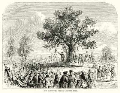 Kolonistene under Liberty Tree (gravering) av English School