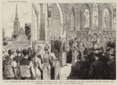 Innvielsen av den nye engelske kirken St Alban, København, i nærvær av prinsen og prinsessen av Wales og den danske kongefamilien (gravering) av English School