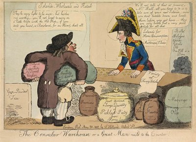 The Consular Warehouse eller en stor mann spikret til skranken, pub. 1802 (håndfarget gravering) av English School
