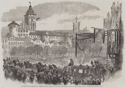 Kroningen av kongen og dronningen av Preussen, innreise i Konigsberg, dronningens vogn i prosesjonen (gravering) av English School