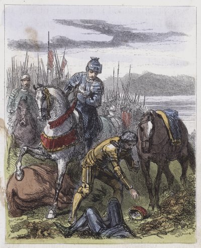 Kronen til Richard III, funnet på Bosworth Field (farget gravering) av English School