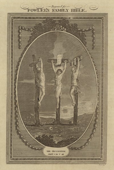 Korsfestelsen, Johannes, kapittel 19, vers 18 (gravering) av English School