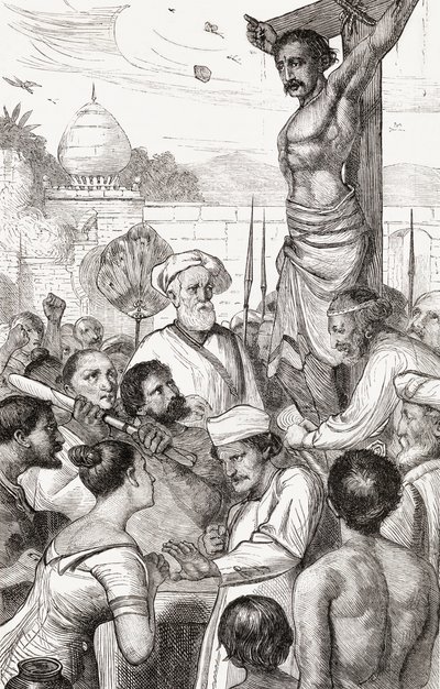 Korsfestelsen av en Karen-martyr fra Burma, ca. 1865 (tregravering) av English School