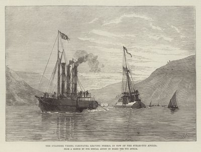 Sylinderfartøyet Cleopatra forlater Ferrol i Tow of the Steam-Tug Anglia (gravering) av English School