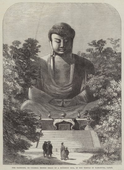 Daibodh, eller kolossalt bronsebilde av et buddhistisk idol, i tempelet i Kamakura, Japan (gravering) av English School