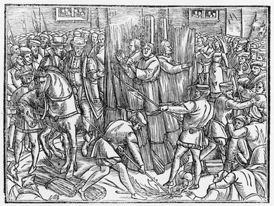 Døden og brenningen av Kristi mest standhaftige martyrer, doktor Robert Barns, Thomas Garret og William Hierome, i Smithfield i 1541, fra «Acts and Monuments» av John Foxe (1516–87) av English School