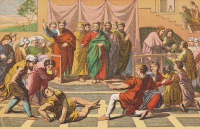 Ananias#39; død (fargelitografi) av English School