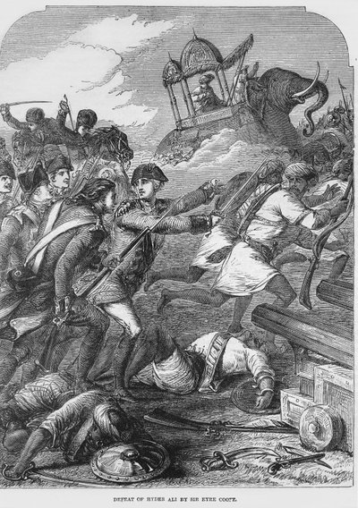 The Defeat of Hyder Ali (1722-82) av Sir Eyre Coote (1726-83) i 1781 (gravering) (bundw-foto) av English School