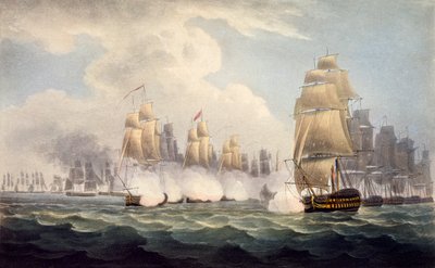 The Defeat of the French under Linois av Commodore Dances Squadron, 15. februar 1804, fra The Naval Chronology of Great Britain, av J. Ralfe av English School