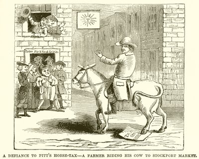 The Defiance to Pitts Horse-Tax - En bonde som rir på kua til Stockport Market av English School