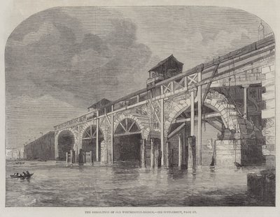 Rivingen av Old Westminster-Bridge (gravering) av English School