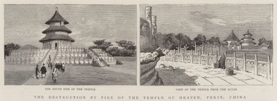 The Destruction by Fire of the Temple of Heaven, Pekin, Kina (gravering) av English School