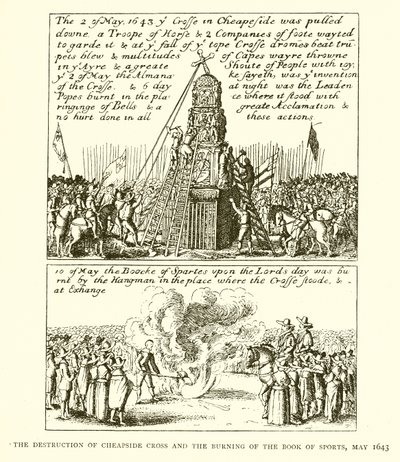 Ødeleggelsen av Cheapside Cross and the Burning of the Book of Sports, mai 1643 av English School