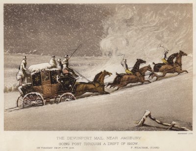 Devonport-posten, nær Amsbury, går post gjennom en snødrev (farge litho) av English School
