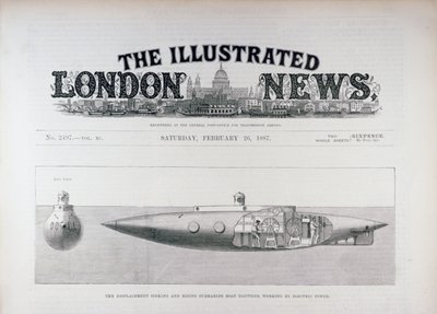 Forskyvningen synkende og stigende ubåtbåt Nautilus, Working by Electric Power, fra The Illustrated London News, 26. februar 1887 av English School