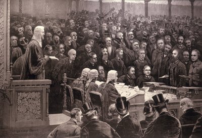 Divisjonen i Underhuset på spørsmålet om det irske hjemmestyre, 'The Ayes; 311, Noes; 341', fra 'The Illustrated London News', 6. desember 1886 av English School