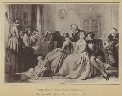 Duetten, fra et maleri av Frank Stone, introduserer Tennyson, Dickens og Miss Hogarth (litho) av English School