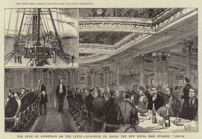 Hertugen av Edinburgh på Clyde, lunsj om bord på New Royal Mail Steamer "Servia" (gravering) av English School