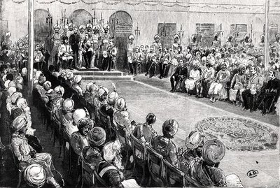The Durbar at Rawul Pindi (gravering) (s/hvitt bilde) av English School