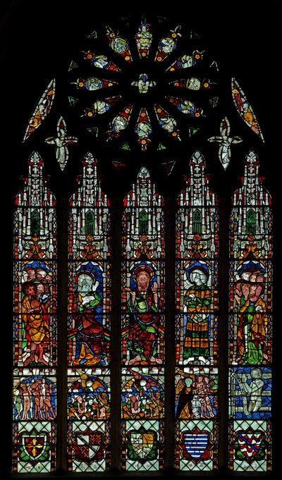 E-vinduet som viser den siste dommen: Kristus, Jomfru Maria, St John Baptist (rosevindu - internt) av English School
