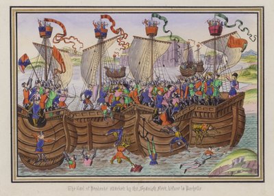 Jarlen av Pembroke angrepet av den spanske flåten, før La Rochelle (farget gravering) av English School