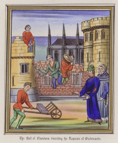 Jarlen av Flandern leder reparasjonene av Oudenarde (farget gravering) av English School