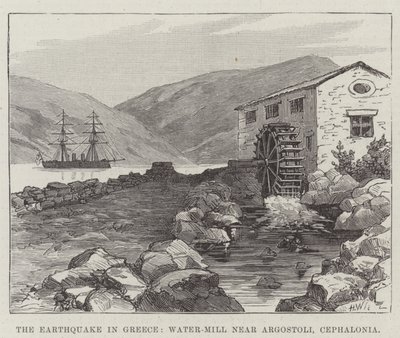 Jordskjelvet i Hellas, vannmølle nær Argostoli, Cephalonia (gravering) av English School