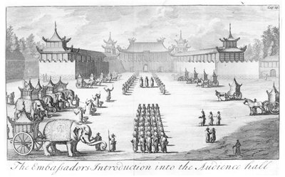Embassadørene introduksjon til publikumssalen: mottakelse i det kinesiske keiserpalasset i Beijing for tsar Peter den stores ambassade ledet av Evert Isbrandz. Ides, fra Three Years Travels from Mo av English School