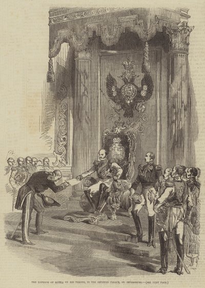 Keiseren av Russland på sin trone, i det keiserlige palasset, St. Petersburg (gravering) av English School