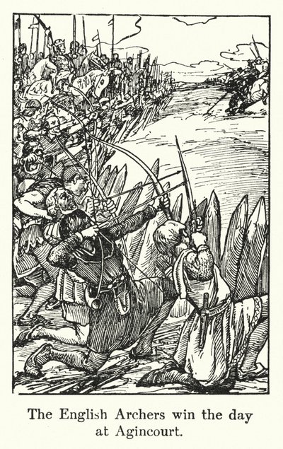 De engelske bueskytterne vinner dagen på Agincourt (litho) av English School