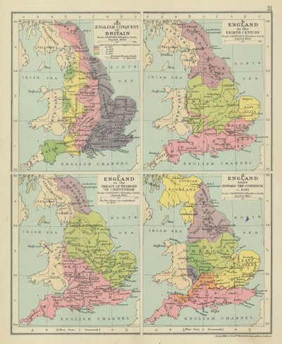 Den engelske erobringen av Storbritannia. England i det åttende århundre. England ved freden i Wedmore eller Chippenham (fargelitografi) av English School