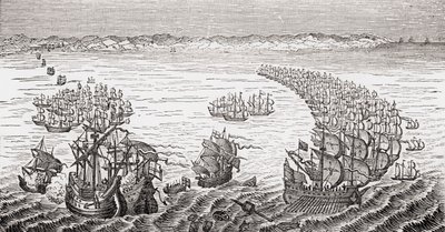 Den engelske flåten, kommandert av Sir Francis Drake, angrep den spanske armadaen i 1588, fra 