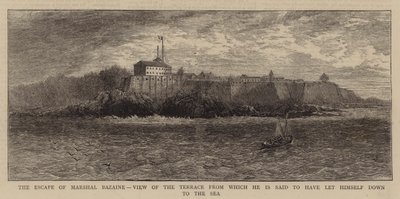 The Escape of Marshal Bazaine, utsikt over terrassen hvorfra han sies å ha sluppet seg ned til havet (gravering) av English School