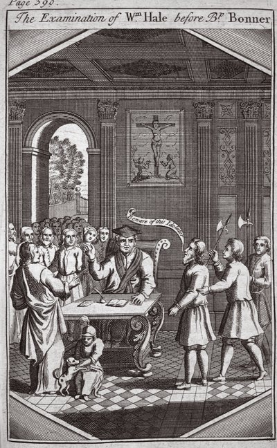 Undersøkelsen av Wm Hale før biskop Bonner, illustrasjon fra Foxes Martyrs c.1703 av English School