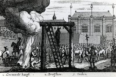 Henrettelsen av Oliver Cromwell, John Bradshaw og Henry Ireton, ca. 1661 av English School
